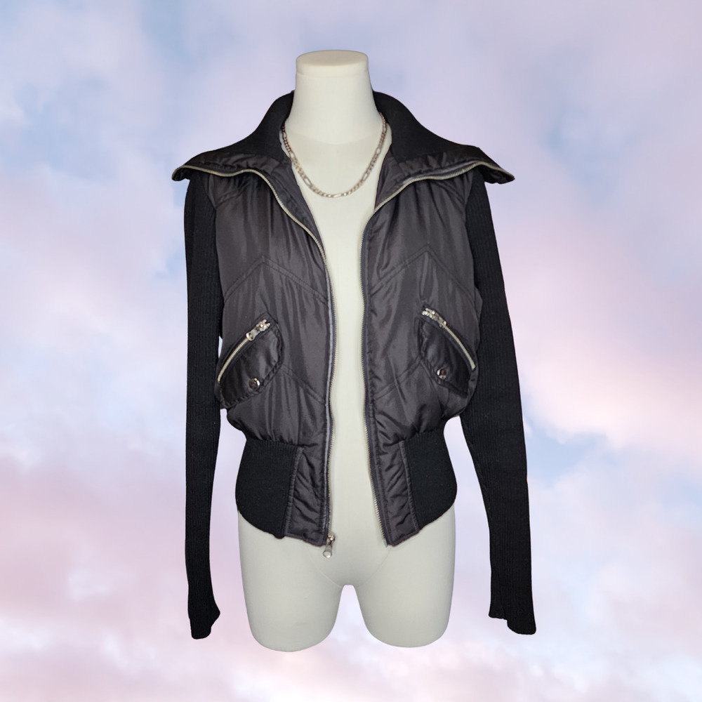 Y2k Vtg Ashley International Black Zip Grunge Puffer Ribbed Knit Sleeve Jacket L - Picture 2 of 5